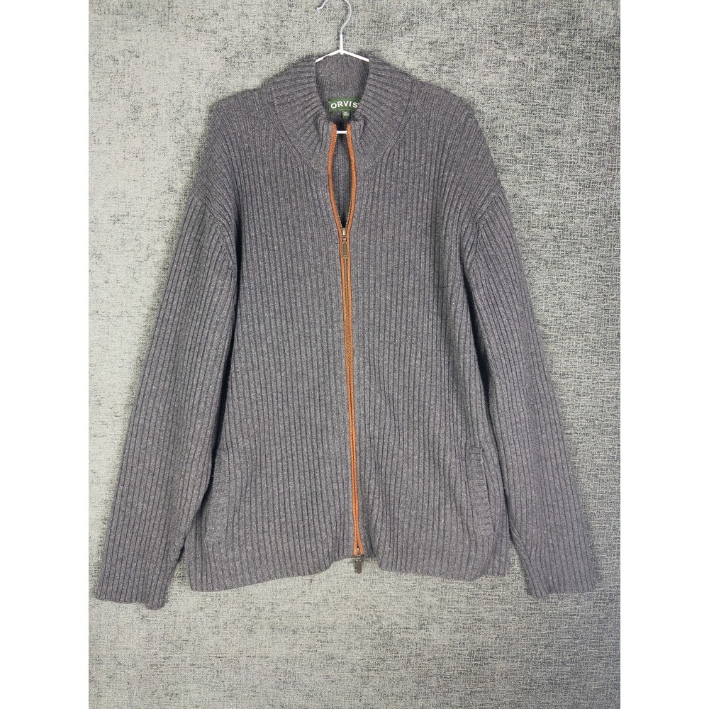 Orvis Yak Wool Full Zip Sweater Mens 2XL Gray Knit Ribbed Suede Trim Heavyweight